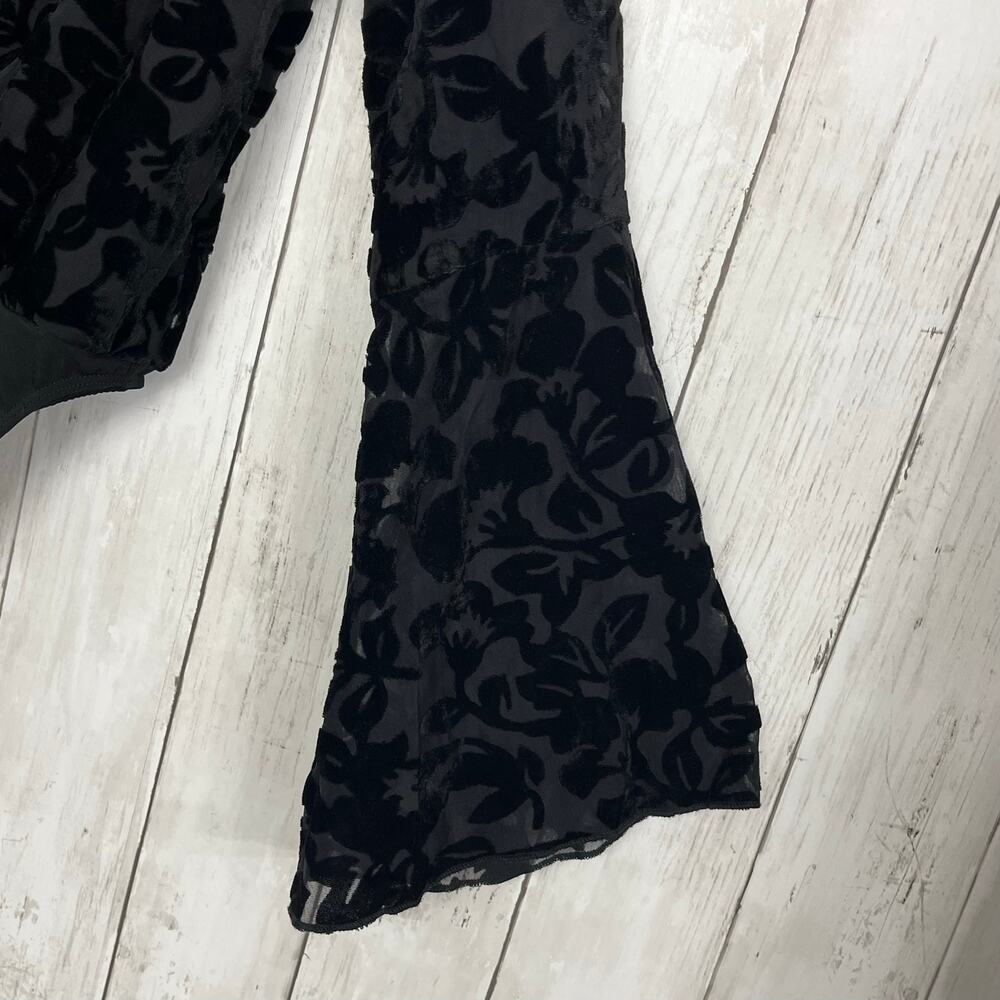 Mink Pink Black Floral Burnout Velvet Bodysuit Long Bell Sleeve Goth Romantic - Picture 3 of 10